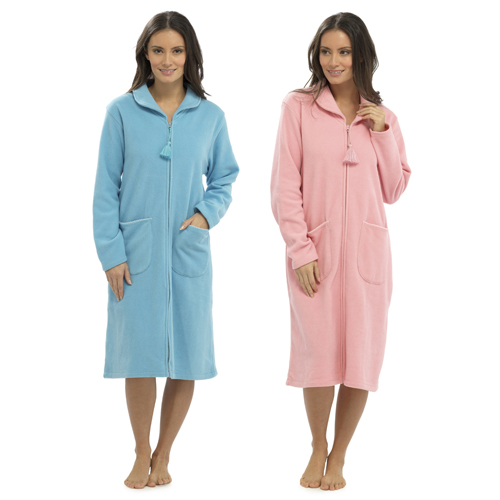 Ladies Womens Full Length Fleece Dressing Gown Zip or Button Robe Wrap ...